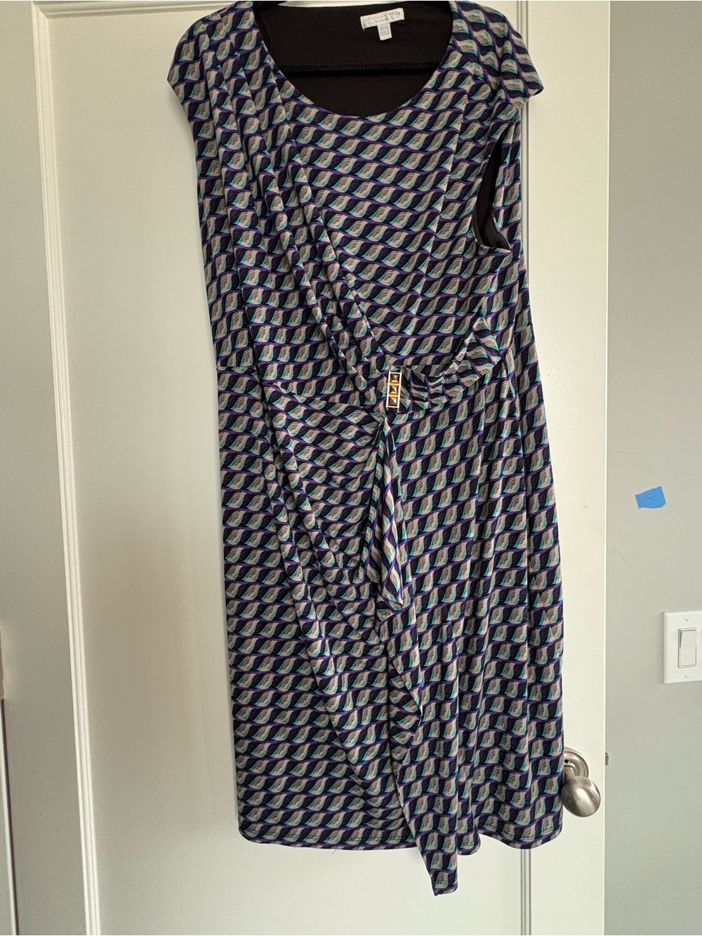 London Times Purple and Blue Geometric Midi Faux-wrap Dress